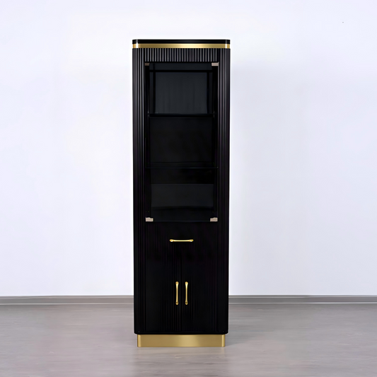 Black Mila tambour display cabinet showing glass-front shelving and lower cabinet doors, straight front view