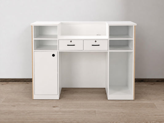 Aria Natural Oak 59-inch tambour reception desk, rear view showing the white work surface, drawers and storage