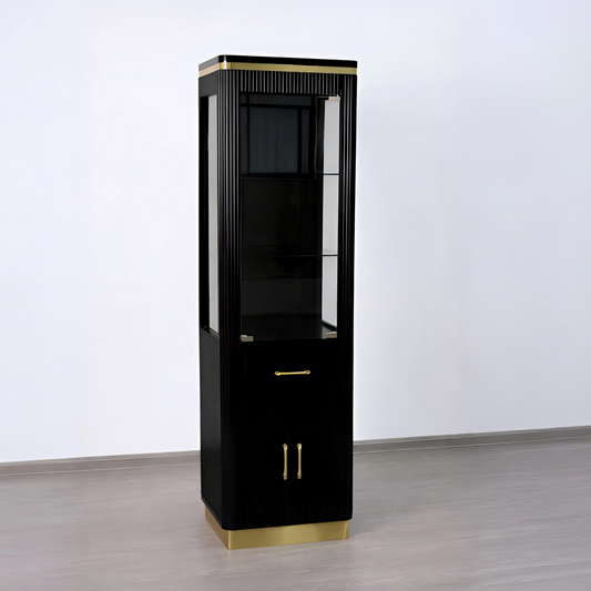 Black Mila tambour display cabinet with a glass-front display area, lower storage and gold accents, angled view