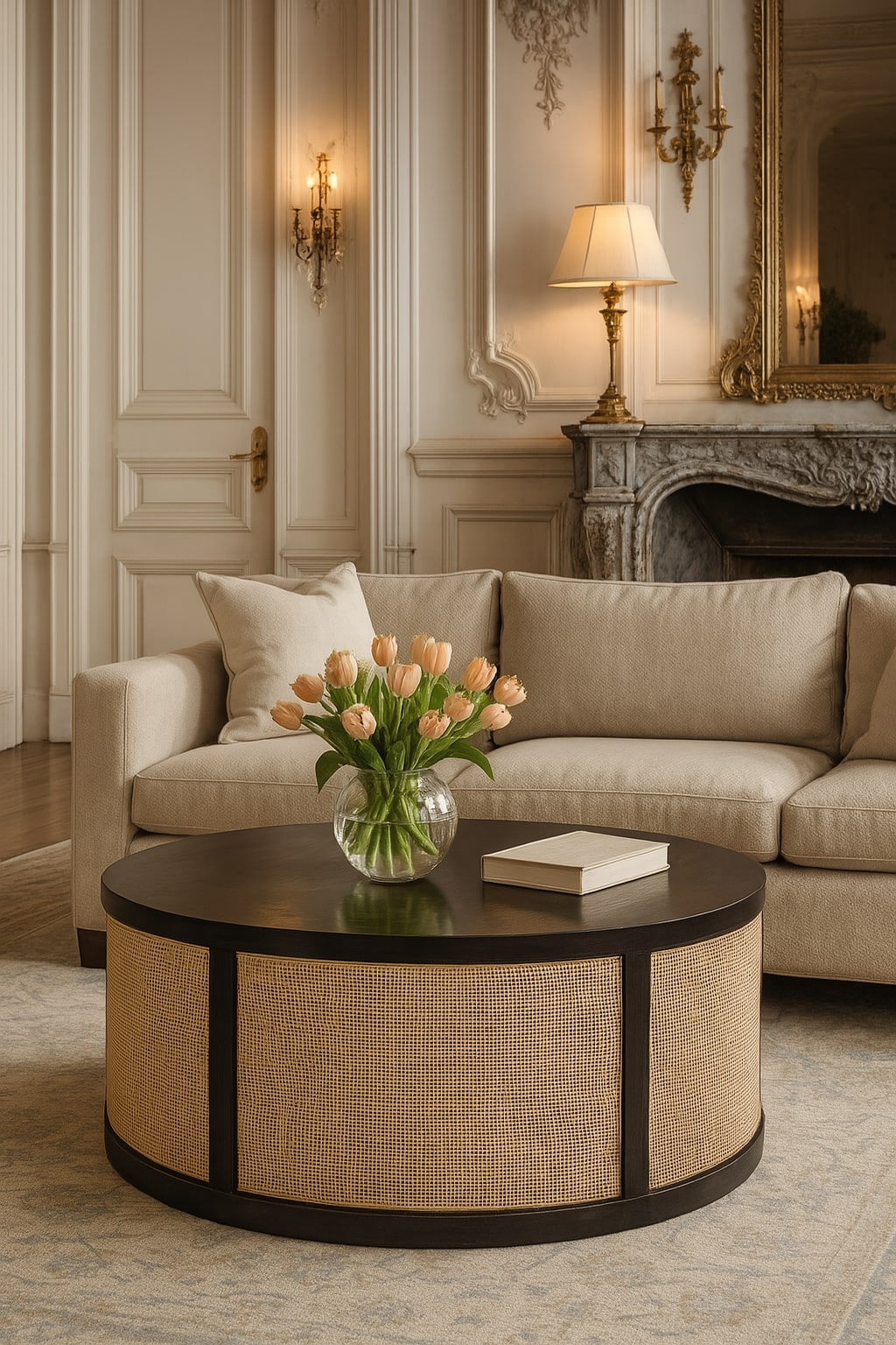 Round Rattan Centerpiece Coffee Table Solid Wood Drum