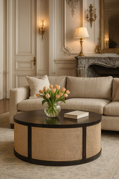 Round Rattan Centerpiece Coffee Table Solid Wood Drum