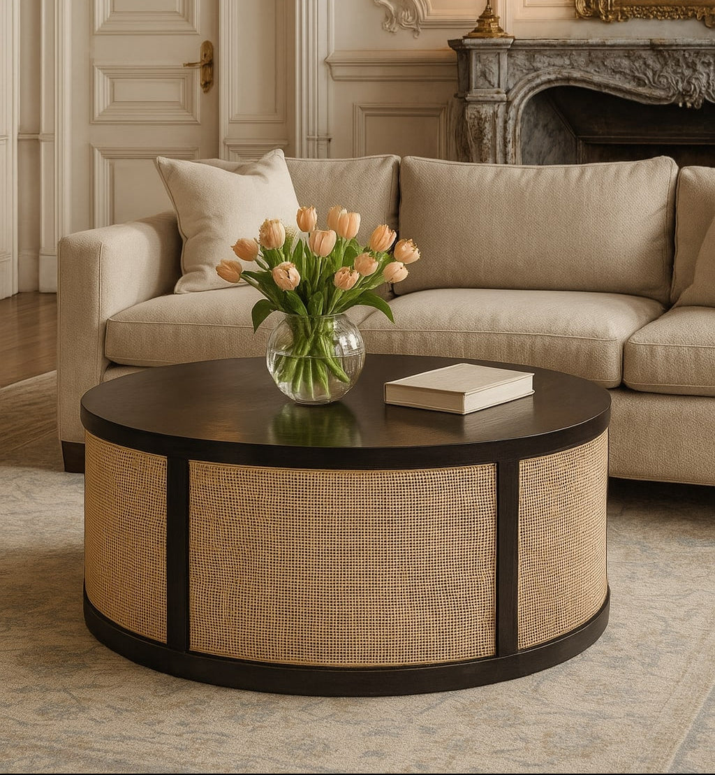 Round Rattan Centerpiece Coffee Table Solid Wood Drum