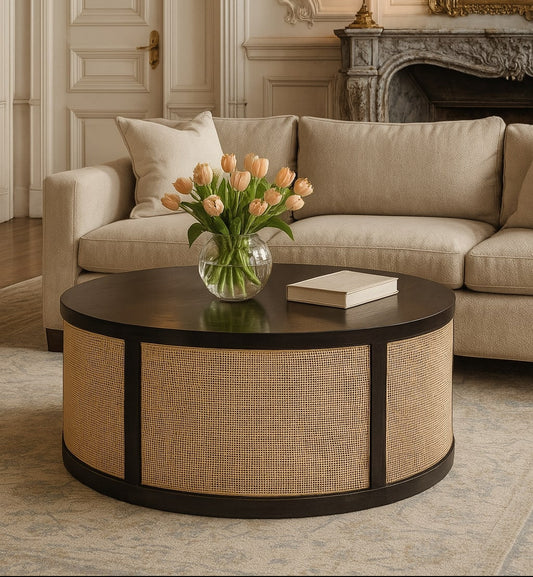 Round Rattan Centerpiece Coffee Table Solid Wood Drum