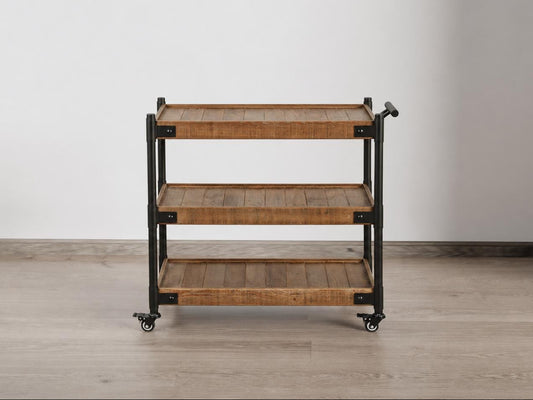 Sedona medium distressed wood-look 3-tier rolling cart, showing three shelves and black metal supports, front view
