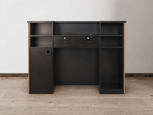 Aria Walnut 59-inch tambour reception desk, rear view showing the black work surface, drawers and storage