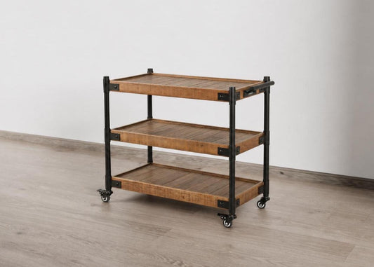 Sedona medium distressed wood-look 3-tier rolling cart, with shelves, a black metal frame and casters, angled view