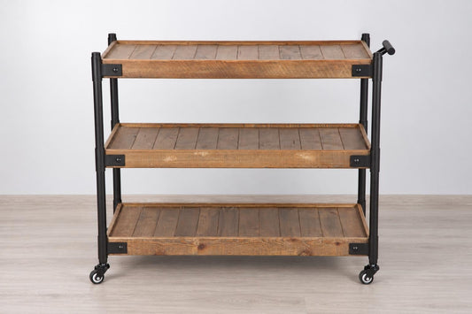Sedona large distressed wood-look 3-tier rolling cart, showing three shelves and black metal supports, front view