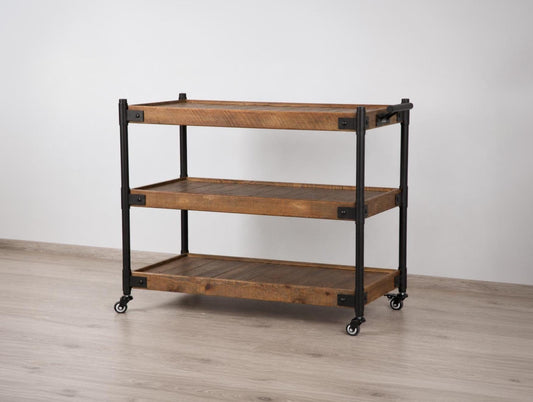Sedona large distressed wood-look 3-tier rolling cart, with shelves, a black metal frame and casters, angled view